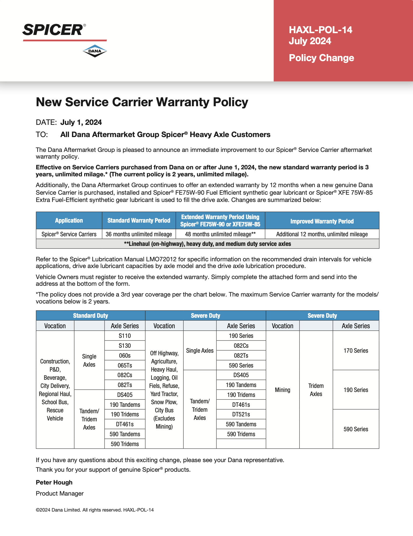 New Service Carrier Warranty Policy